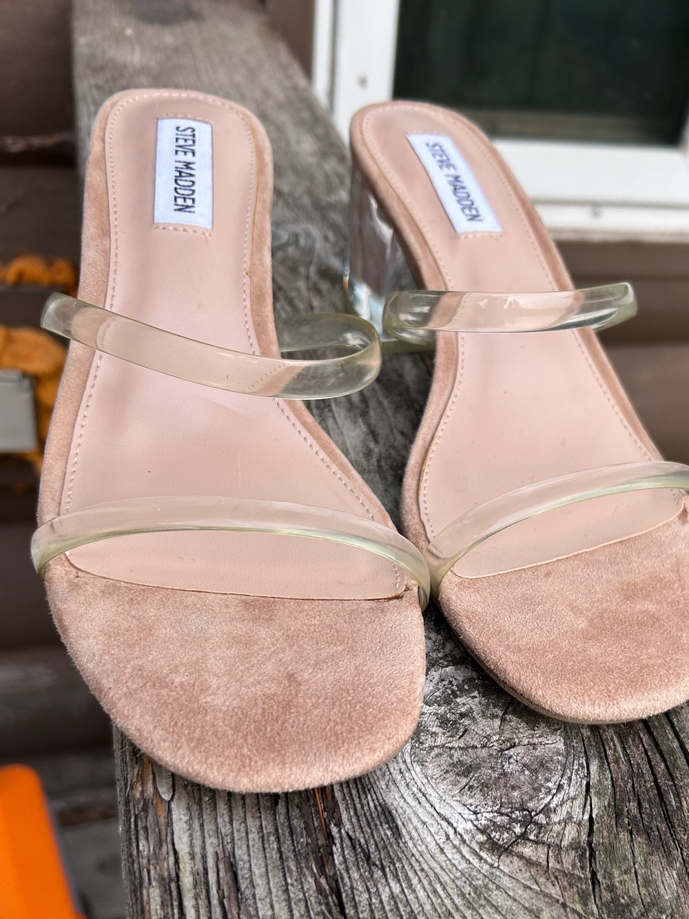 Steve Madden Clear Lucite Block Heel Strappy Sandals Nude 8.5 Y2K event neutral - Picture 14 of 14